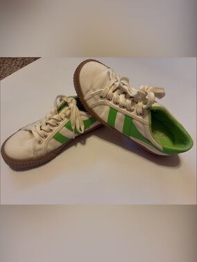 Gola x J. Crew White Canvas Sneakers with Bright Lime Green Stripes